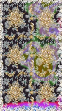 Doğum günü kartı, davetiye ya da afiş için iyidir. Dekoratif simetri arabesk. Gri renklerde altın. Raster illüstrasyonu. Kusursuz ortaçağ çiçek desenleri..