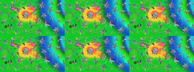 Raster Modaya uygun kumaş deseni. Yeşil ve mavi renkli şirin çiçek desenleri. Düz Çiçek Elementleri Tasarımı. Renkli Bahar Teması çizim şablonu.