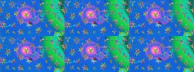 Mavi ve yeşil renklerde güzel bir tekstil. Raster illüstrasyonu. Suluboya çiçekli çiçek deseni.