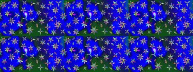 Çiçek desenli çizim. Mavi ve yeşil renkli Asya tekstili. Raster illüstrasyonu.