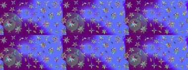Nakış desenli çiçek deseni. Renkli grunge, soyut arkaplanı kolonya ve mor çiçeklerle süslüyor. İzler, kumaş, duvar kağıtları, tekstil için raster dokusu.