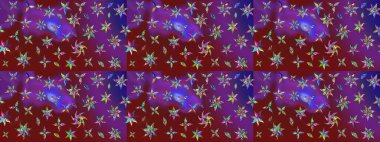 Çiçek buketleriyle klasik bir eskiz şekli. Raster illüstrasyonu. Mor ve kırmızı renklerde.