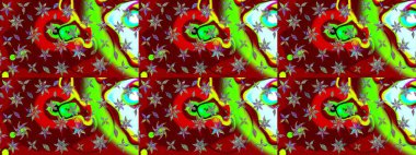 Çiçek süslemeli çizim deseni. Çiçekler kırmızı ve yeşil renklerde. Raster illüstrasyonu.