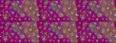 Raster illüstrasyonundaki çiçek desenli çizim. Mor ve kahverengi renkte çiçekler. Renkli Bahar Teması eskiz kalıbı. Düz Çiçek Elementleri Tasarımı.