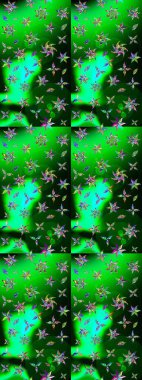 Suluboya çiçekli çiçek deseni. Raster illüstrasyonu. Yeşil ve mavi renkli Asyalı tekstil.