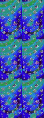 Mavi ve yeşil renkler üzerine çiçek desenli eskiz, el yapımı papatyalar, papatyalar. Tekrarlayan çiçek arkaplanı, zarif mavi ve yeşil çiçek duvar kağıdı.