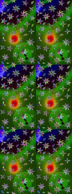 Yapraklı çiçekler ve yeşil ve siyah renkli papatya çiçekleri. Eskiz arkaplan modeli. Raster - stok.