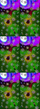 Parlak çiçekli yeşil ve mor renkler üzerine soyut çizim deseni. Çiçeksel elementlerle süslenmiş zarif raster dokusu. Küçük çiçekte şirin bir çiçek deseni var..