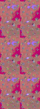 Dallı bahar çiçekleriyle desen, pembe ve kahverengi renkler ve çiçek silueti. Raster deseni.