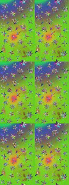 Patlayan çiçekler soyut olarak yerleştirilmiş. Raster deseni. Yumuşak, yeşil ve mor renkte bahar çiçekleri. Raster illüstrasyonu.