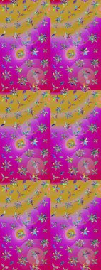 Şirin çiçekli eskiz deseni ve eflatun ve sarı renkli yapraklar, suluboya çiçek deseni, duvar kağıdı, kart veya kumaş için fayanslı. Raster illüstrasyonu.