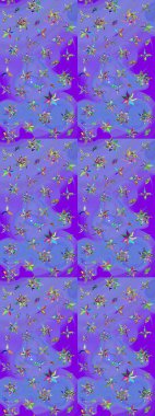 Tropik çiçek desenleri. Raster illüstrasyonu. Mor ve mavi renkte çiçekler.