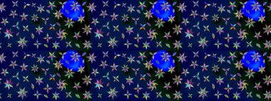 Raster deseni. Sanat ilham verir ve siyah renkli çiçekler bırakır. Karalama çiçekleri çizim kalıbı. Mavi ve siyah el çizimi desen.