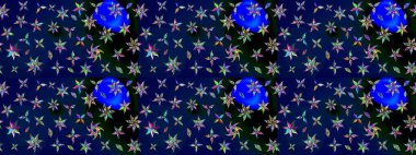 Raster deseni. Sanat ilham verir ve siyah renkli çiçekler bırakır. Karalama çiçekleri çizim kalıbı. Mavi ve siyah el çizimi desen.