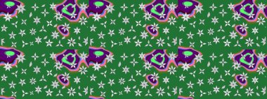 Raster Çiçek İllüstrasyonu güzel tekstil. Yeşil ve nötr renklerdeki etnik çiçeklerle zarif eskiz deseni.