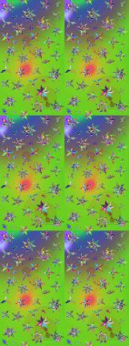 Renkli Bahar Teması eskiz kalıbı. Raster illüstrasyonundaki çiçek desenli çizim. Yeşil ve mor renkli çiçekler. Düz Çiçek Elementleri Tasarımı.