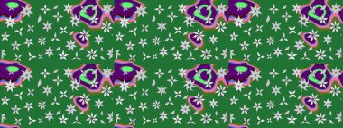 Raster Çiçek İllüstrasyonu güzel tekstil. Yeşil ve nötr renklerdeki etnik çiçeklerle zarif eskiz deseni.