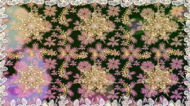 Altın desenli çiçek dekoru. Çizgi sanatı tasarım şablonu için kusursuz sınır. Gri renklerdeki altın element. Davetiyeler, kartlar, web sayfası için Raster illüstrasyon. Doğu tarzı ögesi.