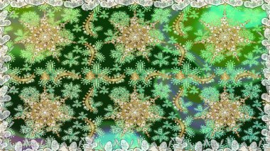 Raster Golden Mehndi kusursuz desen. Kına dövmeli süs çiçekleri, altın çıkartmalar, mehndi ve yoga tasarımı, kartlar ve parmak izleri. Yeşil renkte desen.