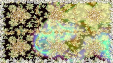 Süslü dekorasyon. Tarafsız renklerdeki altın desenler ve altın elementler. Lüks, kraliyet ve Viktorya dönemi konsepti. Raster klasik barok çiçeksiz altın desenli..