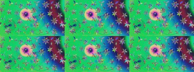 Çiçekler. Soyut etnik raster çizim kalıbı. Vadinin çiçekleri yeşil ve mavi renklerde.