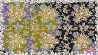 Dekoratif simetri arabesk. Raster illüstrasyonu. Kusursuz ortaçağ çiçek deseni. Doğum günü kartı, davetiye ya da afiş için iyidir. Gri renklerde altın.