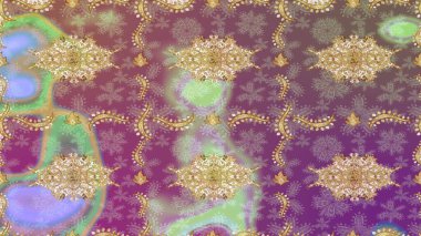 Süslü dekorasyon. Mor renklerde altın desenler ve altın elementler. Raster klasik barok çiçek deseni altın rengi. Lüks, kraliyet ve Viktorya dönemi konsepti.