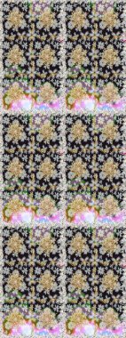 İslam tasarımı. Kusursuz desenli oryantal süs. Raster altın tekstil baskısı. Gri renkli ve altın elementli altın desenli. Çiçek karoları.