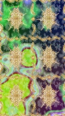 Davetiyeler, kartlar, web sayfası için Raster illüstrasyon. Doğu tarzı element. Altın desenli çiçek dekoru. Tasarım şablonu için çizgi çizimi sınırı. Yeşil renkte altın element.