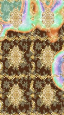 Kahverengi renkli ve altın elementli eskiz deseni. Parlak dantel, stilize çiçekler, şal desenli. Raster sanatı. Altın desenli bukleler çiz. Doğu tarzı arabesk. Zarif altın deseni aç