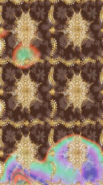 Lüks, kraliyet ve Viktorya dönemi konsepti. Raster klasik barok çiçek deseni altın rengi. Süslü dekorasyon. Altın elementlerle kahverengi renklerde altın desen.