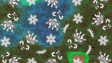 Raster illüstrasyonu. Yeşil ve mavi renklerde. Yeşil ve mavi renkli yeşil ve mavi papatya deseni.