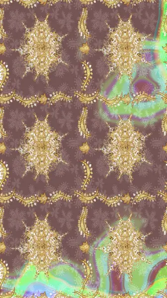 Raster illüstrasyonu. Soyut bir arkaplan çiz. Oriental raster klasik kahverengi ve altın desenli.