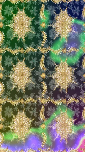 Altın elementli yeşil renkli altın desen. Raster klasik barok çiçek deseni altın rengi. Lüks, kraliyet ve Viktorya dönemi konsepti. Süsleme.