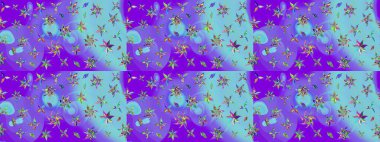 Raster suluboya çiçek deseni, narin çiçekler, menekşe ve mavi çiçekler, tebrik kartı şablonu. Güzel kumaş deseni.