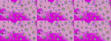 Nötr ve morumsu renklerde manzaralı çiçek deseni. Çiçek kompozisyonu, el boyası, hassas şablon. Üst manzara, yumuşak stil. Sevgililer günü ve tebrik kartı konsepti için şık bir davet.