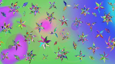 Yaz çiçekleri teması. Yeşil ve mor renkler. Klasik çiçekler. El çizimi, soyut ve süslü elementler. Suluboya resim taklit Raster illüstrasyonu.