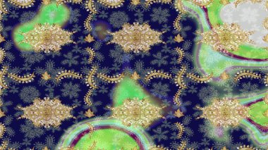 Raster oryantal süs. Altın şablonu çiz. Mavi renkler ve altın elementlerle çizim deseni.