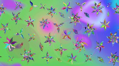 Raster illüstrasyonundaki çiçek desenli çizim. Yeşil ve mor renkte çiçekler.