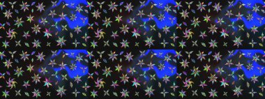 3D çiçekler, eskiz. Raster illüstrasyonu. Gri ve mavi renklerde.