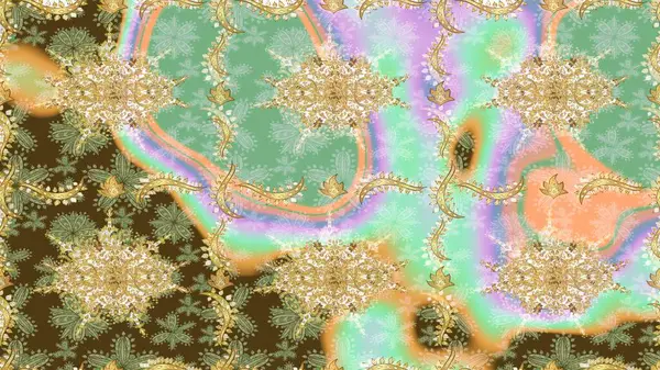 Çiçek kiremitleri. İslam tasarımı. Raster altın tekstil baskısı. Altın elementlerle nötr renklerde altın desen. Çizim desenli oryantal süs.