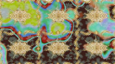 Kahverengi renkte altın bir element. Damask arkaplanı. Altın çiçekli eskiz deseni. Barok tarzında altın çiçekli süs..