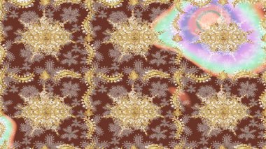 Damask çizim kalıbı arka planı tekrarlıyor. Kahverengi renklerde altın element. Antika altın tekrarlanabilir duvar kağıdı. Barok tarzında altın çiçek süsü..