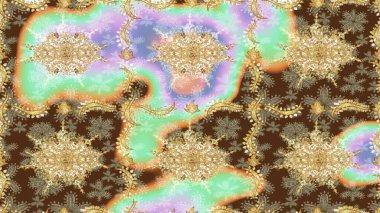 Kahverengi renkte desen. Kına dövmeli süs çiçekleri, altın çıkartmalar, mehndi ve yoga tasarımı, kartlar ve parmak izleri. Raster Golden Mehndi eskiz kalıbı.