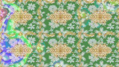 Raster altın desen. Altın elementli yeşil renkler. Raster illüstrasyonu. Çizim altın desenli bukleler. Doğu tarzı arabesk.