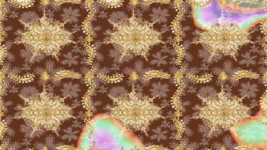 Kraliyet lüksü, altın barok kumaş rengi eskiz. Raster eskiz deseni altın antika çiçekli ortaçağ dekoratifi, yapraklar ve kahverengi renkli altın desenli süslemeler..