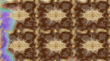 Duvar kâğıdı için altın süslü bir illüstrasyon. Çiçek süslemeli Raster eskiz deseni. Süslü dantel iz sürücü. Doğu tarzında klasik tasarım öğesi. Kahverengi renkler üzerine geleneksel Arapça dekor.