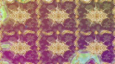 Geleneksel oryantasyon süsü. Mor renklerde altın desenli, altın elementli. Klasik Raster altın desenini çiz. Klasik vintage arkaplan.