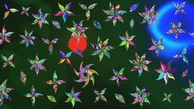 Düz Çiçek Elementleri Tasarımı. Raster illüstrasyonundaki çiçek desenli çizim. Renkli Yaz Temalı eskiz kalıbı. Mavi ve yeşil renkte çiçekler.