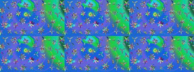 Çiçek desenli çizim. Raster illüstrasyonu. Asya tekstil tarzında. Mavi ve yeşil renkli çiçekler. Raster illüstrasyonu.